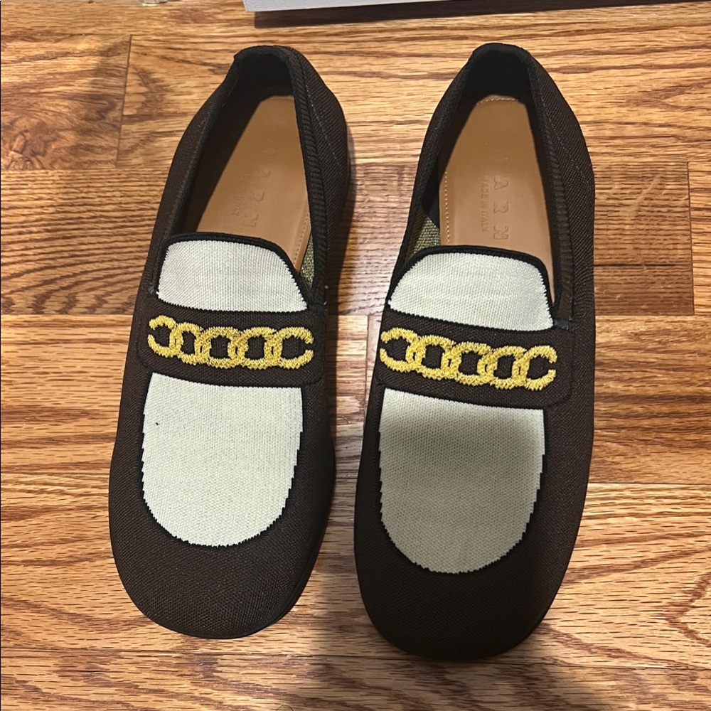 MARNI Brown and Cream Loafers with Gold Chain Detail